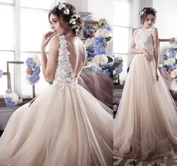 New Spring Boho Beach Wedding Dress Champagne Backless Appliques Lace Bodice Tulle Bridal Gown Vestido De Noiva Robe Mariage