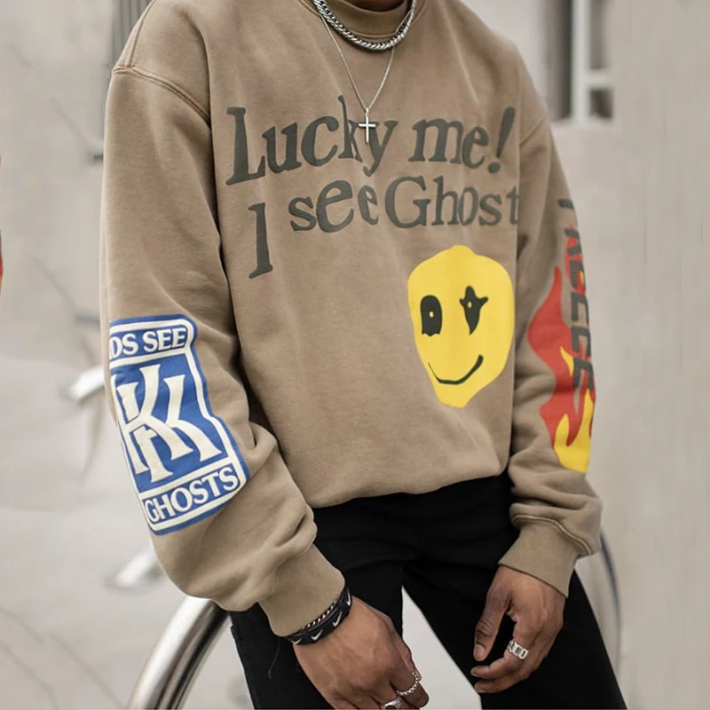 Yo Wee fantasmas otoño Sudadera de cuello torcido para hombre amarillo cara sonriente Kanye sin capucha largo de gran tamaño manga ropa para casa suave ropa