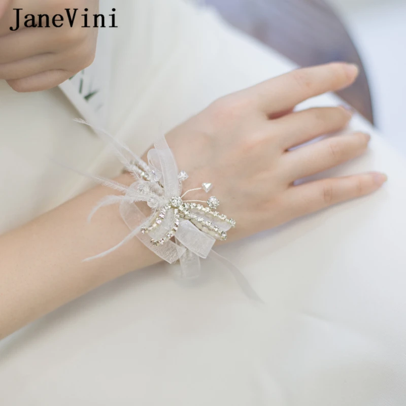 

JaneVini Romantic Rhinestone Wrist Flowers White Handmade Bridal Wrist Corsage Korean Style Wedding Accessories Bracelet Mariage