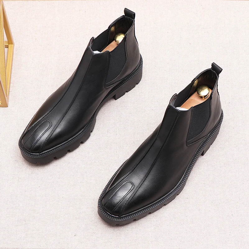 

Korean style mens fashion chelsea boots original leather tooling shoes handsome platform boot cowboy ankle botas hombre zapatos