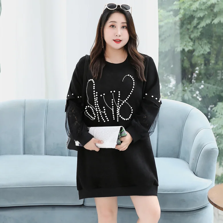 

Beaded Lace Patchwork Long Sleeve O-neck Velvet Autumn Winter Hoodies Women 7XL 8XL Oversized Sweatshirts Casual Long Tops T9902