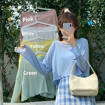 

Long Sleeve T-shirts Women Summer Sun-proof Thin Solid Crop-top Loose Ins Trendy 5-color Womens Girls Ulzzang Casual Chic New