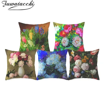 

Fuwatacchi Pure Linen Cushion Cover Colorful Flowers Picture Pillow Cover for Home Chair Car Sofa Decorative Pillowcases 45x45cm