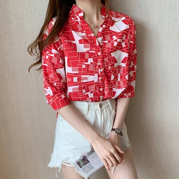 

Summer Women Chiffon Blouse Stand Collar Half Sleeve Women Tops Black Red Geometric Print Shirts Female Summer Clothing