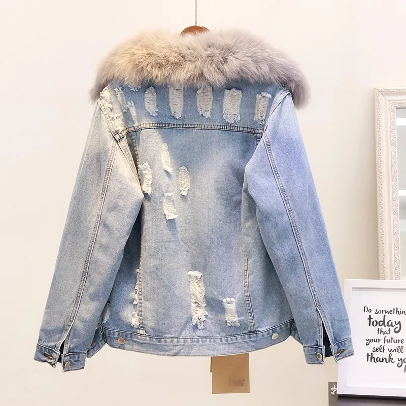 Best Winter Fashion Women Warm Coat Natural Fox Fur Collar+Real Rabbit Hair Liner Denim Jacket Female Th