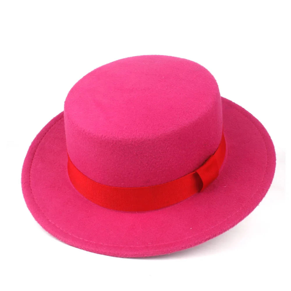 Rose Red Женская шерстяная шляпа Fedora на плоской подошве с красной лентой, элегантная женская одежда, Трилби, свиной пирог, чародейка, джазовая шляпа, размер 56-58 см - Цвет: Rose Red