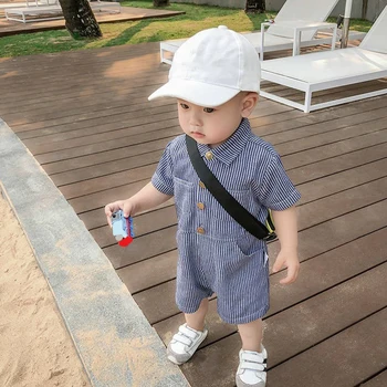

Summer Infant Rompers Baby Boys Short Sleeve Cute Stripe Denim Jumpsuit Cusual Rompers Kids Bodysuit Outfits