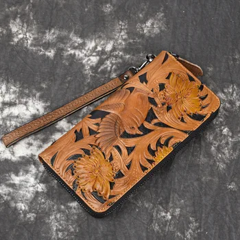 

Unisex Cowhide Leather Embossed Animal Floral Pattern Wallet Women Vintage Cow Leather Money Clip Purse Clutch Man Stylish Gift