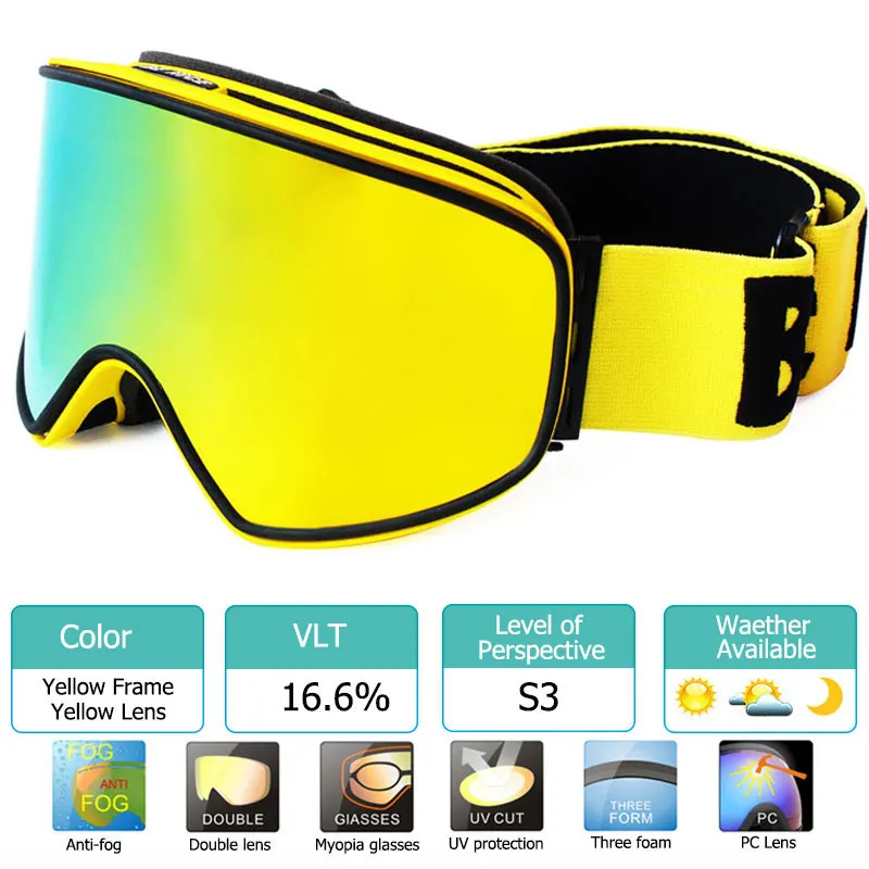 Лыжные очки 2 в 1 с магнитными линзами двойного назначения для ночного катания на лыжах Анти-Туман UV400 очки для сноуборда мужские женские лыжные очки - Цвет: Цвет: желтый