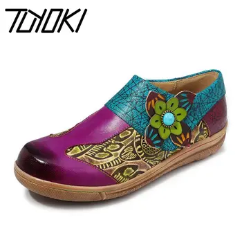 

Tuyoki Genuine Leather Women Flats Shoes Vintage Print Flower Casual Shoes Soft Comfort Slip On Lazy Footwear Size 36-42