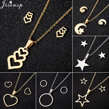 

Jisensp Gold Stainless Steel Jewelry Sets for Women Love Heart Necklace Earrings Charms Wedding Bijoux conjunto feminino