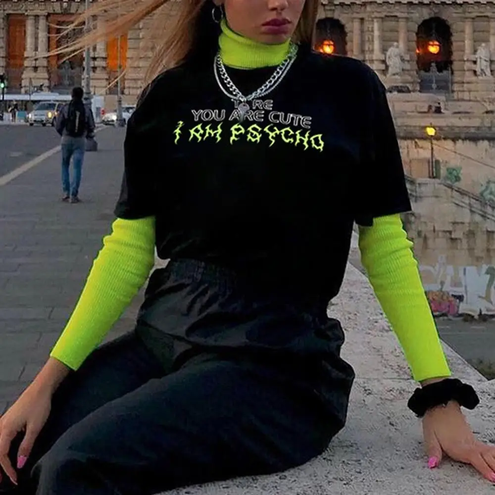Harajuku модная женская рубашка с надписью YOU ARE CUTE, длинный рукав, водолазка, свитер, топ, имитация двух частей, футболка женска