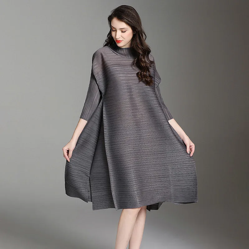 LANMREM, высокое качество, новая мода, плиссированная одежда, водолазка, вентиляционная кромка, свободное, складное, до колен, винтажное платье для женщин, EB015