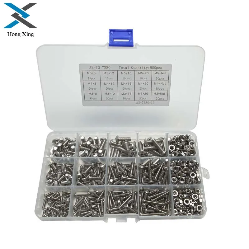 Máquina de Aço Parafusos com Porcas Parafusos de Rosca Lote m4 m5 304 Inoxidável Variedade Kit Botão Cabeça Métrica Parafuso Porca 500 Pçs – m3
