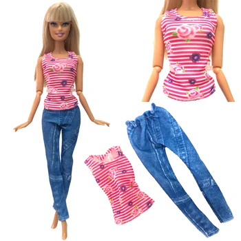 

NK 2020 Newest Doll Fashion Clothing Long Jeans Trousers Casual Red Striped Flower Vest For Barbie Doll Accessories Gift 266A 3X