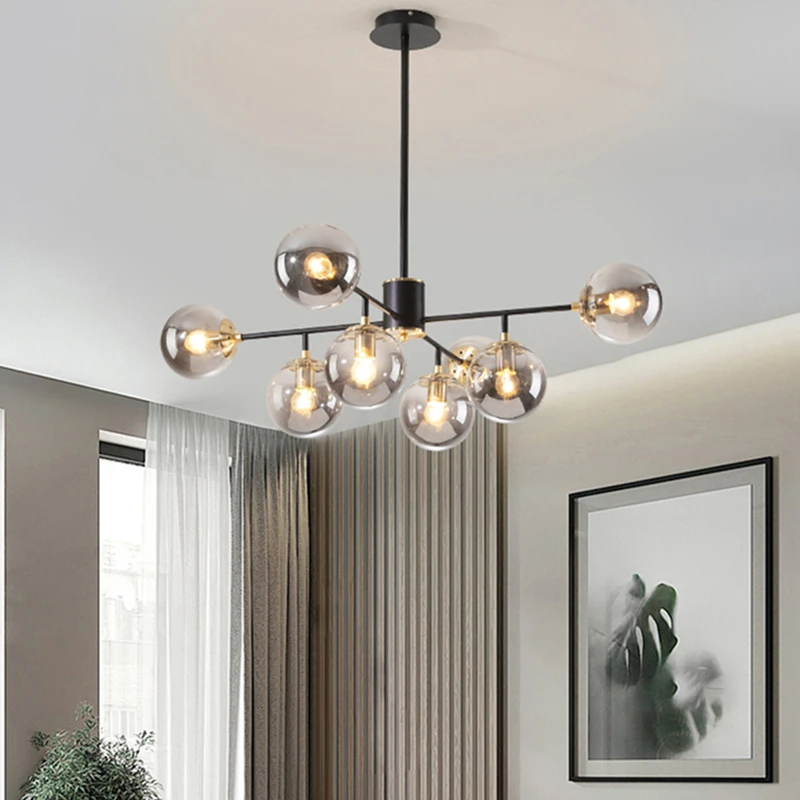 Nordic Led Chandelier Modern LED Pendant Lamp For Living Room Dining Room Kitchen Bedroom Black Glass Ball Ceiling Hanging Light grey chandelier