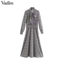 Vadim женское шикарное платье миди с галстуком-бабочкой и воротником, с длинным рукавом, с поясом, эластичная талия, Женская офисная одежда, стильные платья, vestidos QD139