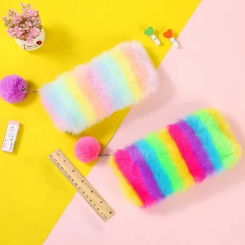 

Novelty Cute Plush School Pencil Case Rainbow Pencilcase For Girls Large Big Pen Bag Stationery Pouch Box Gift School Supplies
