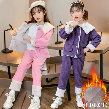 

Winter Girls Clothing Set Fleece Thicken Pink Corduroy Kids Tracksuit 2020 Teens Sweatshirt Pants Suits for Girls Clothes 10 Y