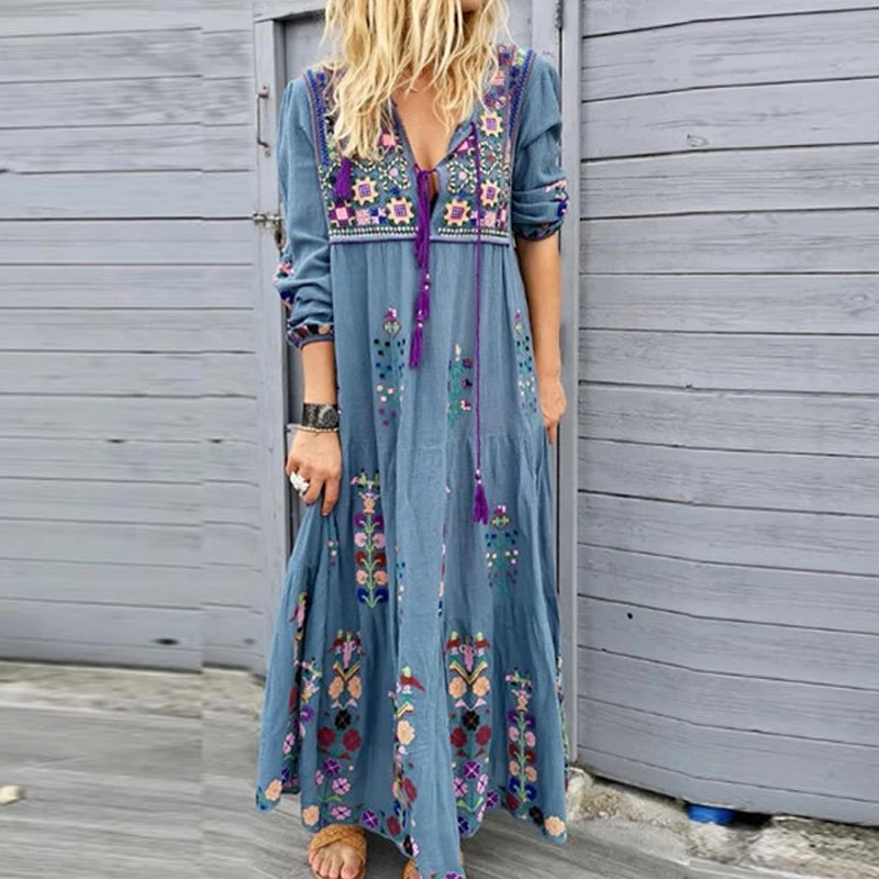 

Boho Dress Elegant Long Sleeve Drawstring Dresses Female Plus Size Maxi Dress Autumn Sexy V-neck Floral Print Women Dress
