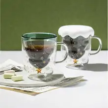 300 мл стеклянная чашка с изображением рождественской елки и звезды, прозрачная стеклянная кружка с двойными стенками для дома, с защитой от обжига, молока, сока, кофе, кружка и крышка, креативные подарки