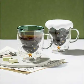 

300ml Christmas Tree Star Glass Cup Transparen Double Wall Anti-Scalding Glass Home Milk Juice Coffee Mug & Lid Creative Gifts