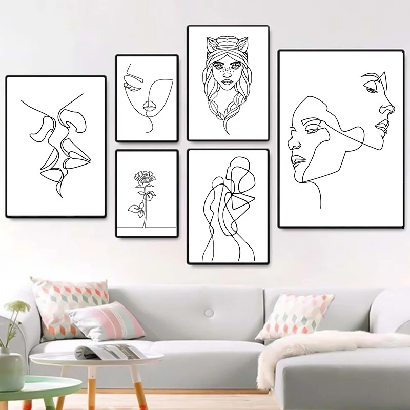 

Modular Minimalist Line Drawing Wall Pictures Love Couple Abstract Line Drawing Art Paintings Bedroom Home Decor