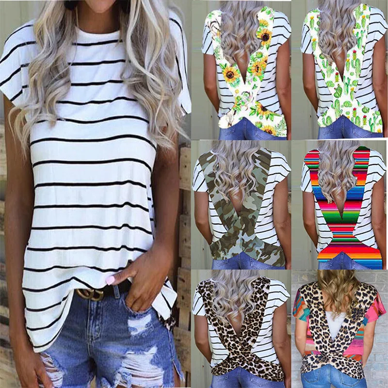 

Summer Women Striped Short Sleeve Tshirts Leopard Pop Tops Tshirt Lady Tees Shirt Clothes