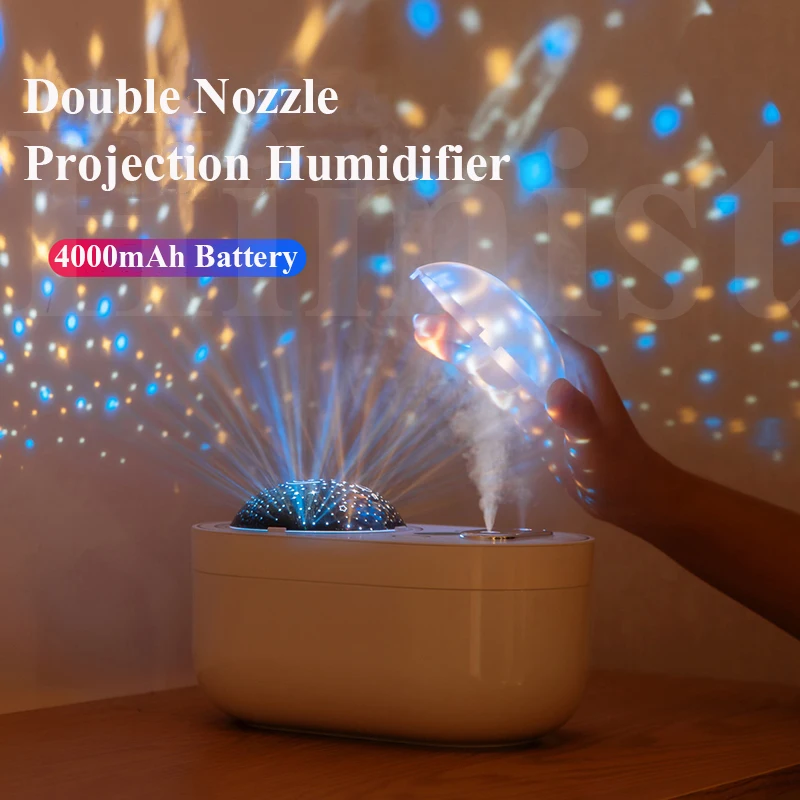 

1L Projection Light Air Humidifier Dual Nozzle 4000mAh Rechargeable Battery Wireless Ultrasonic Aroma Diffuser Mist Maker Fogger