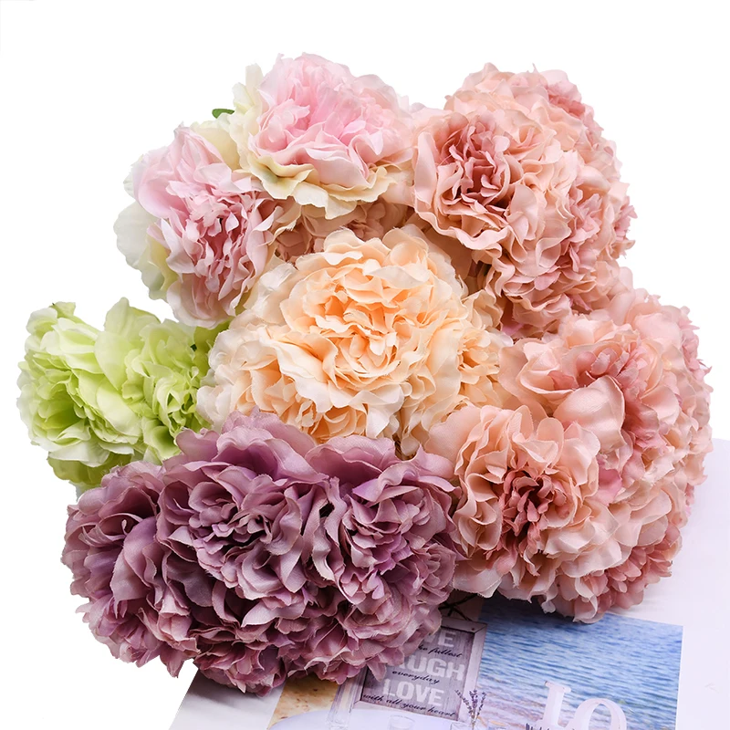 8cm 5Heads Hydrangea Artificial Flowers High Quality Silk Blooming Peony Fake Flower White Wedding Flowers Bouquet Home Decor