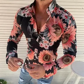 

Modis Autumn Men Casual Dress Shirt Long Sleeve Floral Muscle Shirts Blouse Fitness Slim Fit Flower Print Masculina Tee Top