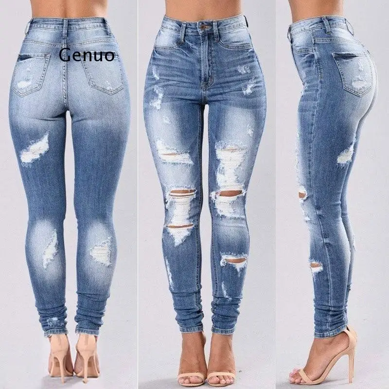 

Рваные джинсы с дырками, женские крутые джинсы с завышенной талией, узкие джинсы, узкие брюки, брюки-карандаш, эластичные джинсовые облегающие брюки