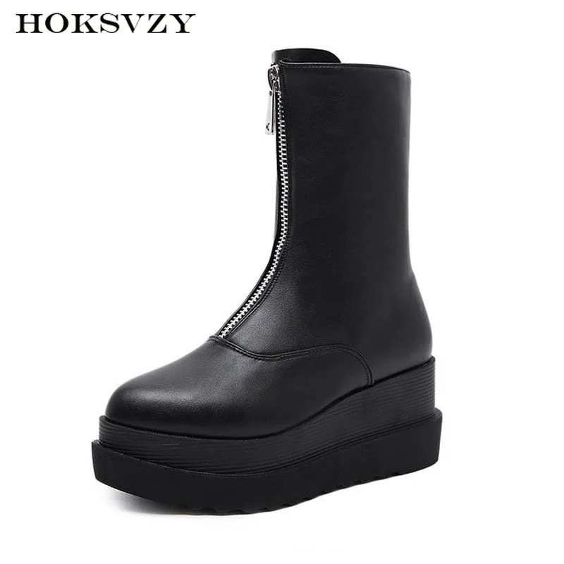 HOKSVZY Martin Boots Zipper Plus Fleece Soft Leather High-heeled Shoes Leather Boots Women Winter Boots Women JXQ-255-105