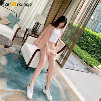 

Single Breasted Elegant Pants Suits Early Autumn Two Buckles Suit Jacket + Button Fly Ankle Length Trousers