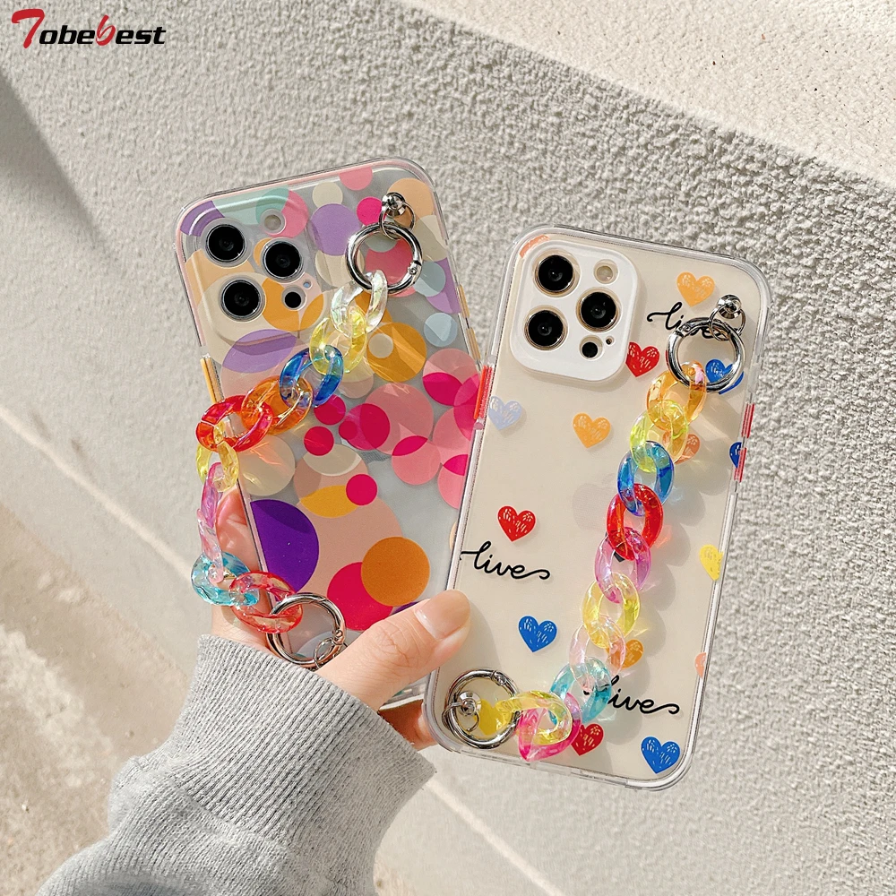 Tobebest Love Heart Bracelet Phone Cases for iphone 13 12 pro max 11 promax X XS XR 7 8 Plus SE 2020 Colorful Chain Soft Cover | Мобильные