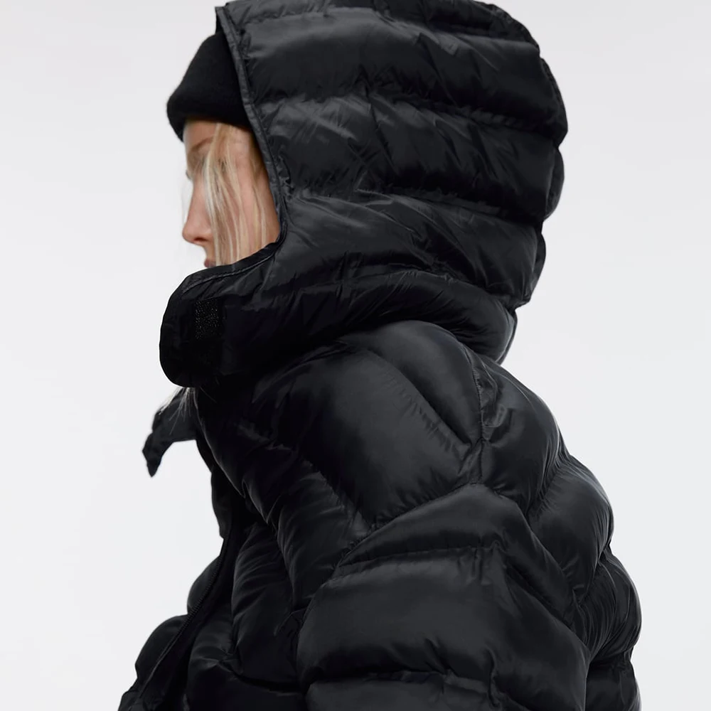 ZA пуховик зимний черный женский модный стеганый декоративный черный с капюшоном с длинным рукавом женский хлопковый костюм элегантный опт