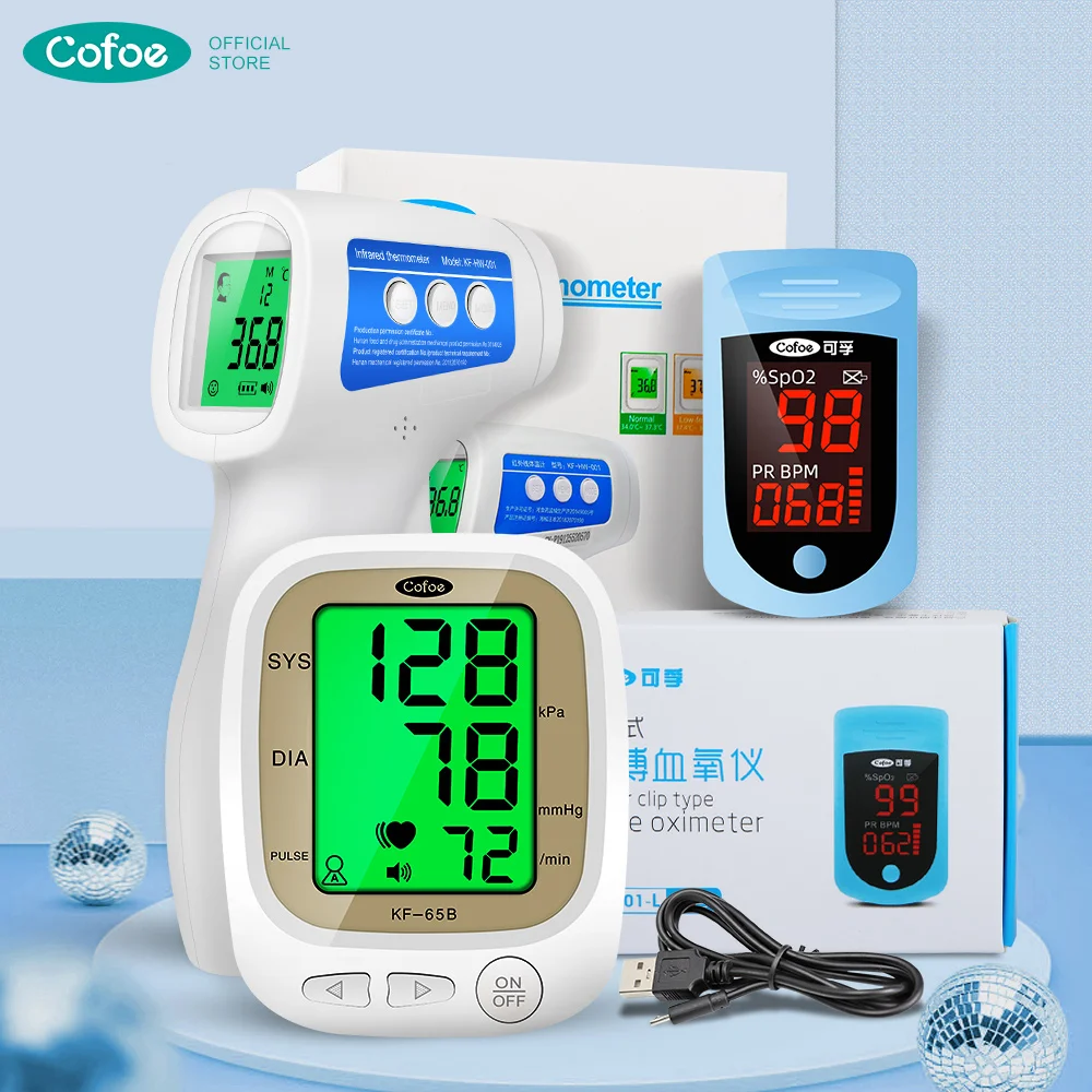

Cofoe Automatic Blood Pressure Monitor+Non-contact Infrared thermometer+Finger clip oximeter for baby&Adults Health care tools