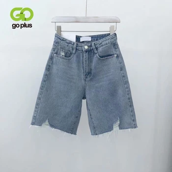 

GOPLUS Ripped Jeans Woman High Waist Jeans Femme Skinny Knee Length Blue Jeans Straight Denim Pants Spijkerbroeken Dames C9870