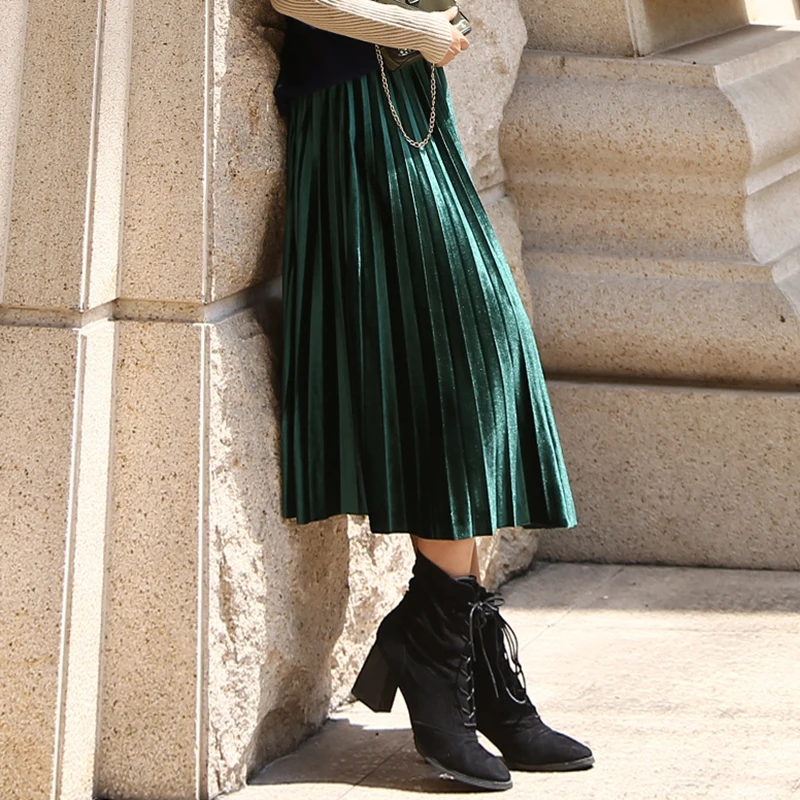 Elegant Women's Pleated Velvet Skirt Long Plus Size Maxi Waving Jupe Fashion Ladies Burgundy Skirts Hot - Цвет: MG