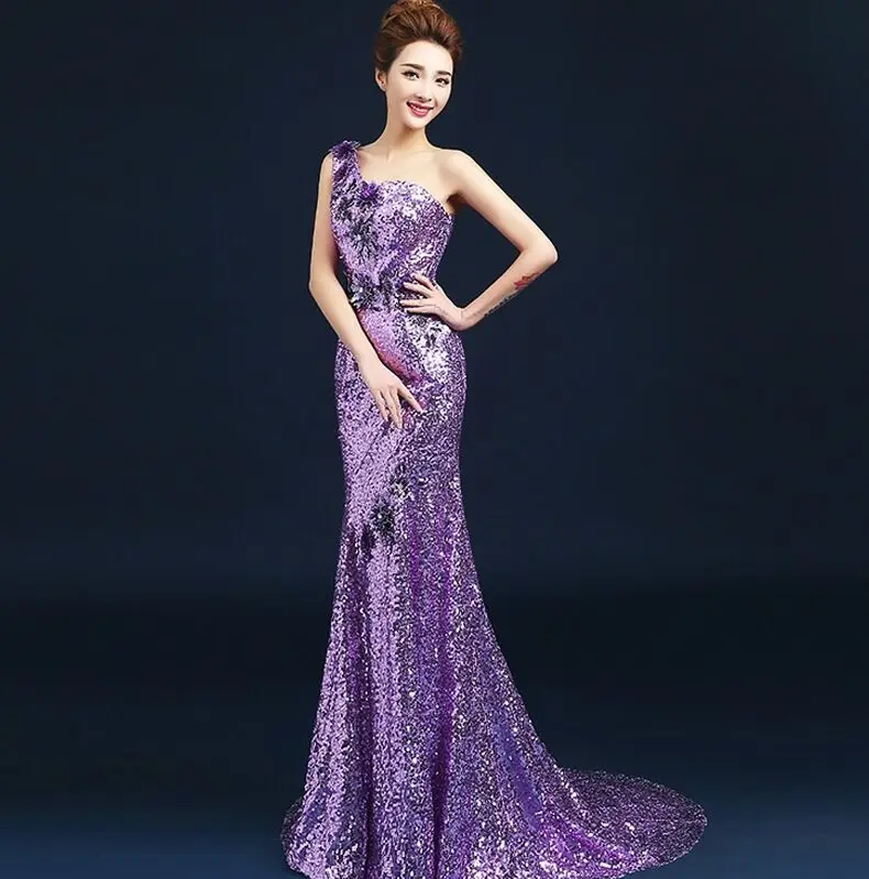 

Plus Size Evening Host Dresses One shoulder Sleeveless Mermaid Simple Sequins Party Gown Soiree Sexy Formal Dress MS-0016