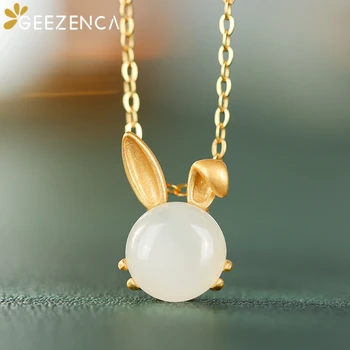 

White Hetian Jade Rabbit Pendant Necklace 925 Sterling Silver Gold Plated Fine Jewelry Women Cute Necklaces Trendy Party Gift