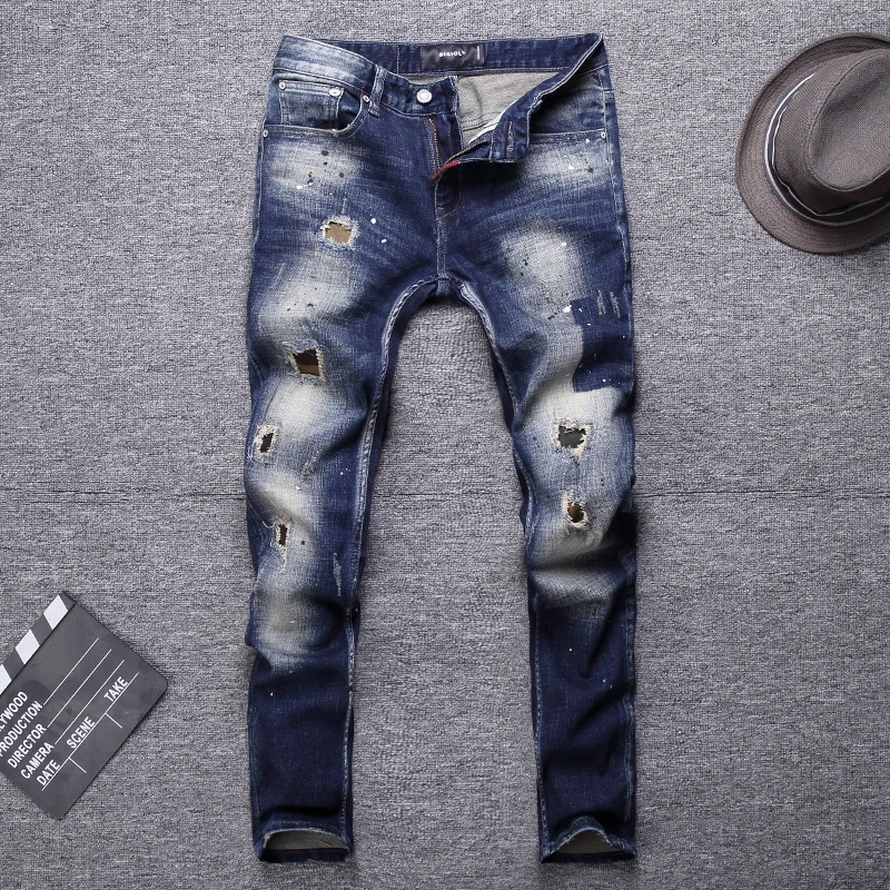 

Italian Vintage Fashion Men Jeans Slim Fit Destroyed Paint Designer Ripped Jeans Men Denim Pants Streetwear Hip Hop Jeans Homme