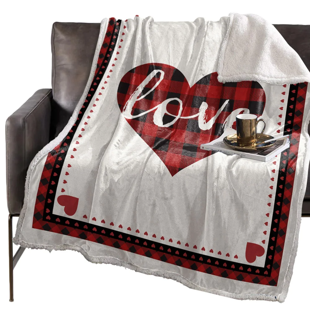 Valentine'S Day Red Grid Love Heart Blanket Floral Fleece Blanket for