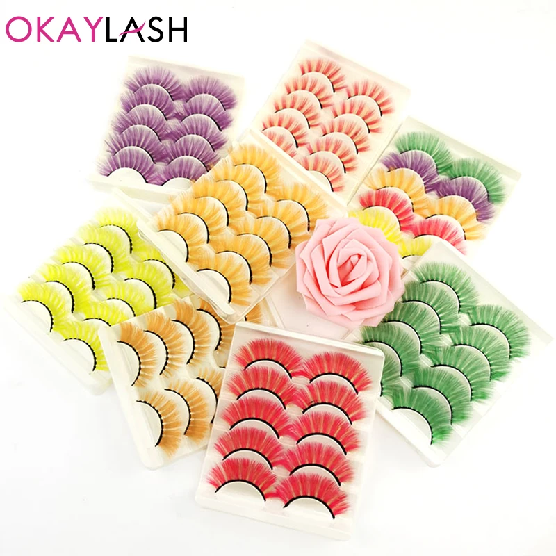 

OKAYLASH 5 Pairs 3D Colored Faux Mink Eyelash Red Yellow Green Purple Colorful Fluffy High Volume Makeup Beauty Rainbow Lashes