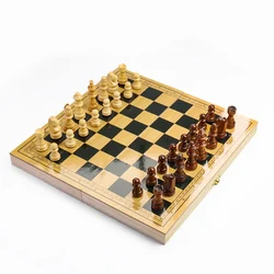 Wooden Chess Set Magnetic Folding Chessboard Backgammon Board Game with 34 Chess Pieces Portable Travel Puzzle Game Gift for Kid