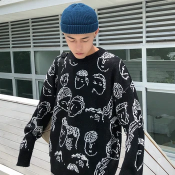

2019 Winter New Korean Version Of The Line Pattern Set Head Couples Trend Students Warm Casual Loose Sweater