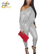 Women Pant Set Party Club Wear Two Piece Set Suit Women One Shoulder Sexy Top Slim Pants Solid Sequined Long Sleeve Female Top