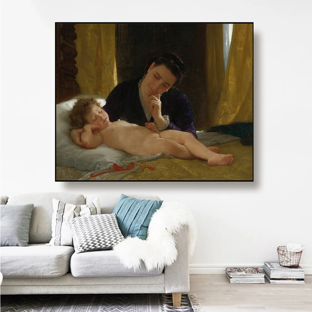

Citon Canvas Oil painting William Adolphe Bouguereau《Young Mother》Artwork Poster Picture Modern Wall Decor Home Decoration