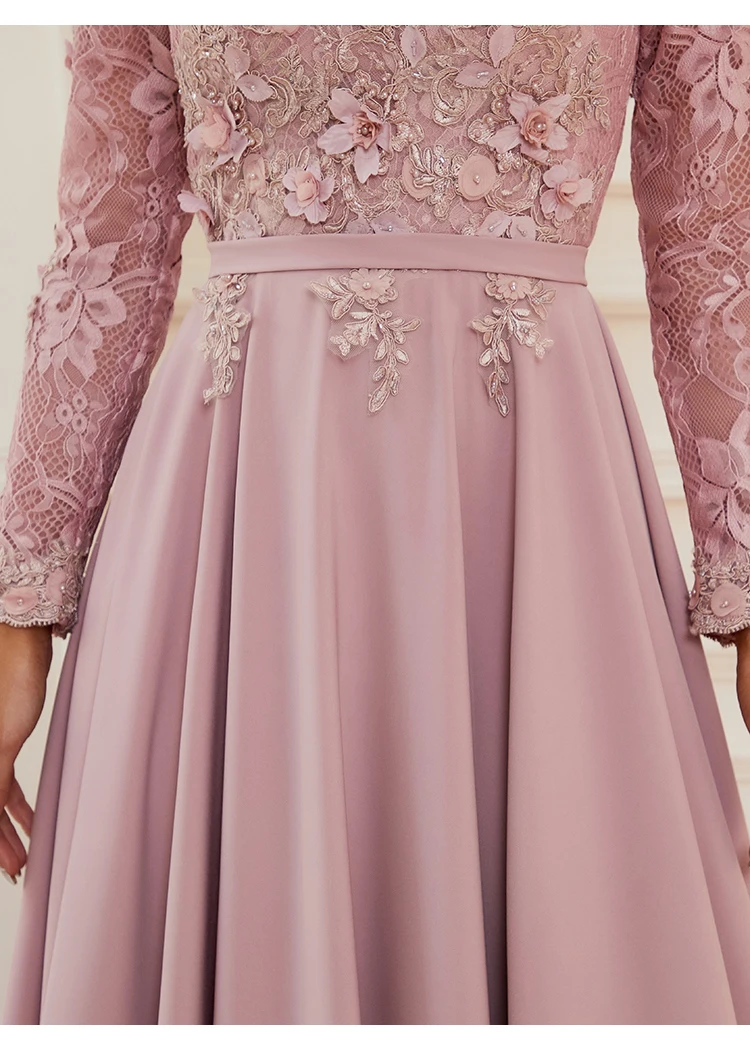 Long Sleeve Muslim Formal Dresses Pink Vintage High Neck Luxury Lace Appliques Spandex Satin Evening Dresses With Train