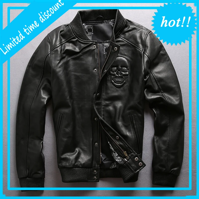 

New Men's Sheepskin Jacket Vintage Brand Soft Genuine Leather Jacket Coats for Male Motorcycle Biker Large Size Black Jacket